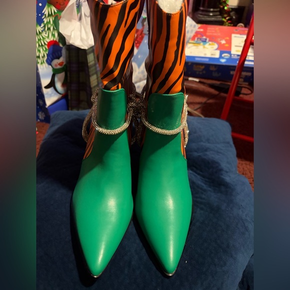 Shoes - Green and Orange Striped Boots with Silver Accents
